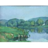 § Lionel Ellis.(1903-1988) Lakeside Landscape. Oil on board, unsigned. 40 x 48cm.