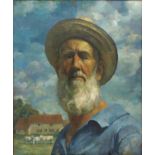 § Lionel Ellis.( 1903-1988) Self Portrait with farm beyond. Oil on canvas, unsigned.