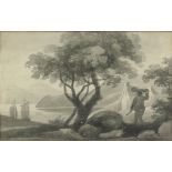 AMENDED DESCRIPTION Nicholas Pocock (1740-1821) figure in a landscape, watercolour, en grisaille,