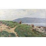 Late 19th / early 20th century oil on canvas of a woman and her child walking along a coastal path