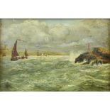 19th century English School, shipping on stormy seas, oil on canvas, 19.5 x 28.5cm,