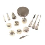A group of miscellaneous items, including a trinket box, a scent bottle, six pill pots,