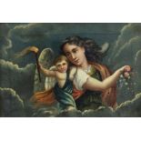 Twentieth-century European school, angel and child. Oil on canvas. Framed. Image size 21 x 31cm.