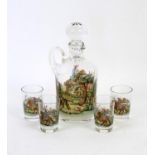 Glass liqueur decanter and stopper and four glasses decorated with figures hunting in 17th century