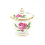 Meissen porcelain pot and cover, decorated with pink roses, numbered and with crossed swords mark