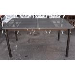 Modern cast metal extending garden table, with label for MWH Garden & Home, h70cm w152cm d89.5cm