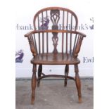 19th century elm and yew Windsor armchair on turned supports and stretchered base,