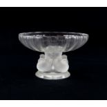 Lalique "Coupe Nogent" clear glass footed bowl with four frosted glass wrens on base,