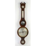Early 20th century inlaid mahogany banjo barometer with dry/damp sub dial, thermometer,