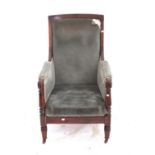 19th century mahogany framed armchair with sage green upholstery, turned arms and supports,
