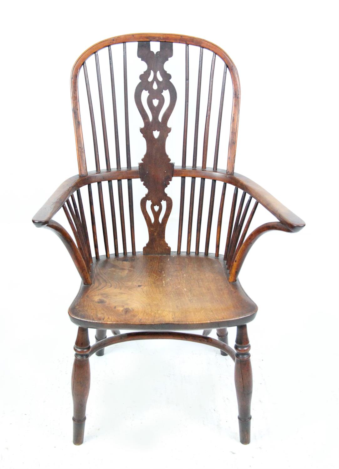 19th century yew wood and elm Windsor high hoop back chair on turned legs joined by crinoline