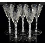 Five 19th century drinking glasses with acid etched grapes and vines, opaque cotton twist stems