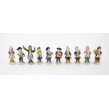 Sitzendorf porcelain ten piece monkey band, each marked to base, h11.5cm tallest (10)