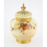 Royal Worcester pot pourri vase and cover, with floral decoration on basket weave design base,