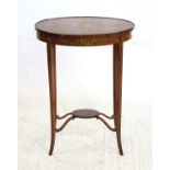 Sheraton Revival painted satinwood oval side table, painted with drum, fan and book to top with