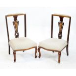 Pair of early 20th century inlaid mahogany side chairs, with pierced splat with floral marquetry