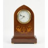 Early 20th century mahogany and marquetry inlaid lancet clock, dial with Arabic numerals,