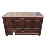 19th century stained pine mule chest with panelled front, single drawer on square supports,