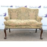 Queen Anne style mahogany two seater serpentine back settee, floral upholstery, cabriole legs to