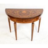 20th century rosewood and marquetry inlaid demi lune card table, having marquetry inlaid decoration