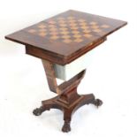 19th century rosewood work/games table with fold-over top over a fitted drawer and work bag,