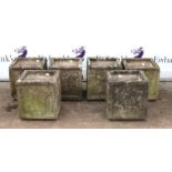 Set of six composite stone square planters with moulded decoration,