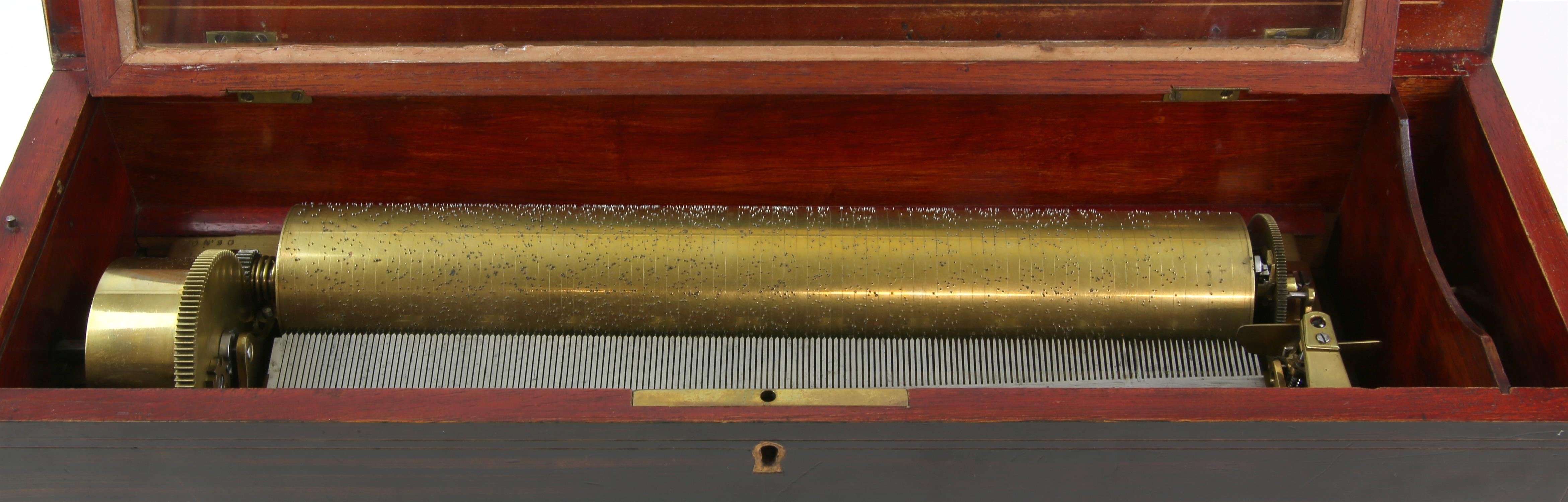 19th century Swiss rosewood and marquetry inlaid cylinder music box, label to underside of cover - Image 2 of 3