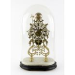 Late 19th century brass skeleton clock, single fusee movement, striking a bell, on alabaster base,