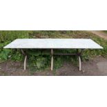 Garden table with rectangular marble top on wrought iron base, h77cm w270cm d89cm