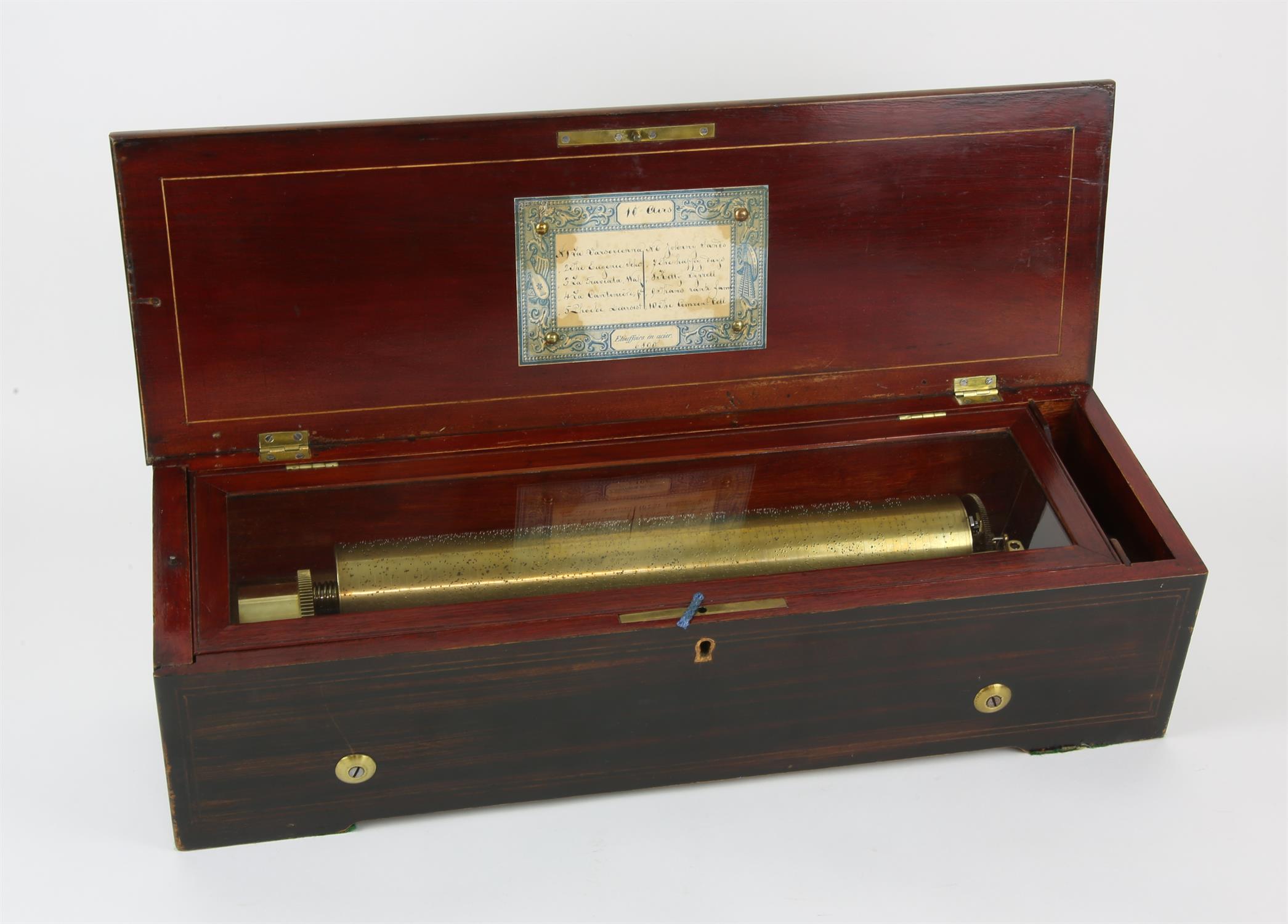 19th century Swiss rosewood and marquetry inlaid cylinder music box, label to underside of cover