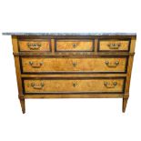 Early 20th century Continental marble topped walnut and brass inlaid commode, with three short over