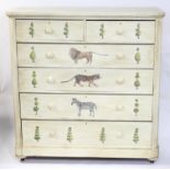 Large painted chest of two short over 4 long graduated drawers painted with trees and lions on a