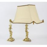 Pair of 20th century gilt metal lamps with putto columns and scrolling bases, 31cm high,