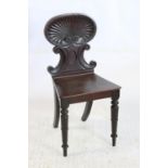 19th century mahogany hall chair with shell and scroll design back, on turned legs, H81.5cm