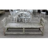 Lutyens style weathered teak garden bench, H104cm W200cm D58cm