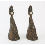 Pair of 20th century papier-mache doll candlesticks with jewelled decoration, signed to the base