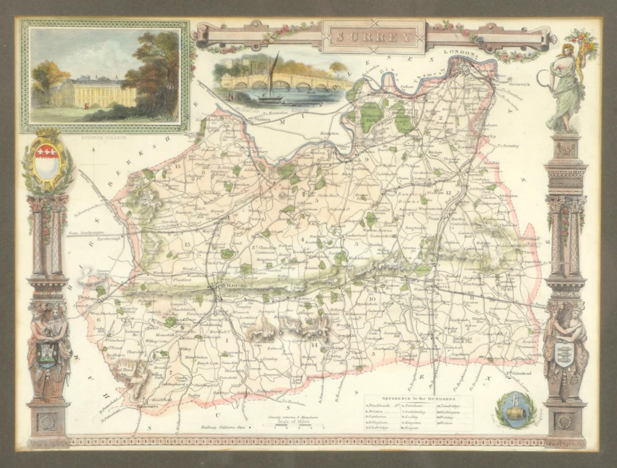 Five maps together with two printed maps, to include 19th century maps of Surrey, 20.5 x 26.