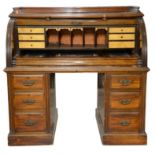 Late 19th / early 20th century mahogany cylinder bureau, the fitted interior with satinwood drawer,