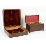 19th century mahogany two compartment tea caddy,W30cm, D15cm, H17.5cm, mahogany writing box with