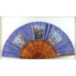 19th century fan with pierced tortoiseshell guard sticks, the leaves with hand coloured classical