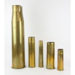Five brass ammunition shell cases- World War 1 and II, 23cm - 70cm high