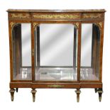 Early 20th century French Kingwood and parquetry inlaid marble topped breakfront side cabinet,