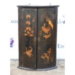 Late 19th century black lacquered and chinoiserie decorated wall hanging corner cabinet with two