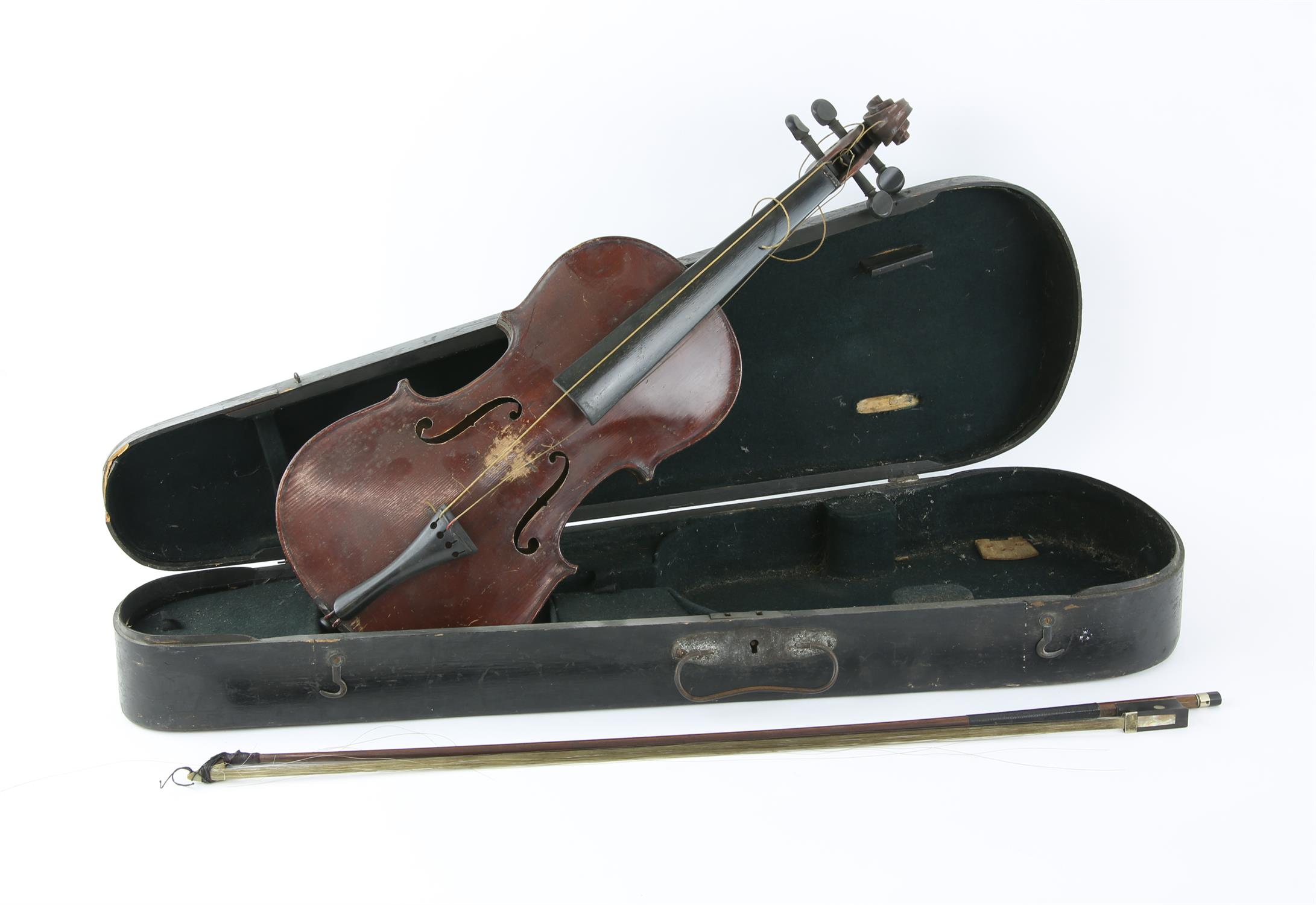 Violin in ebonised pine case and with bow, 31cm back