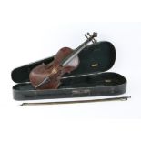 Violin in ebonised pine case and with bow, 31cm back