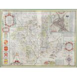 John Speed. Hand coloured engraved map of Worcestershire . With a panel of five Coats of Arms and
