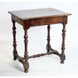 17th century style mahogany side table, with a single drawer on turned supports joined by turned