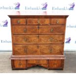 18th century walnut chest on stand with three short drawers over three long drawers and stand with