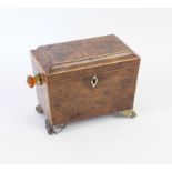 Late 19th century burr walnut and boxwood strung tea caddy, with two lidded compartments,