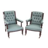 Pair of late 19th/early 20th century mahogany framed open armchairs with sage green leatherette